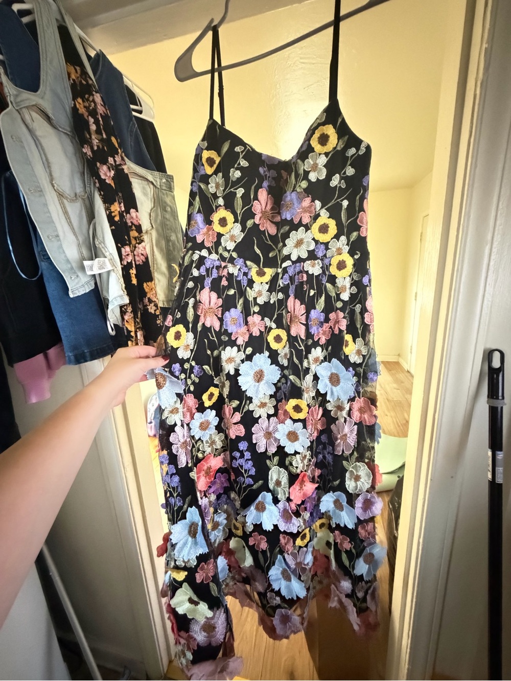 Azazie Black Midi Dress with Multicolor Floral Embroidery